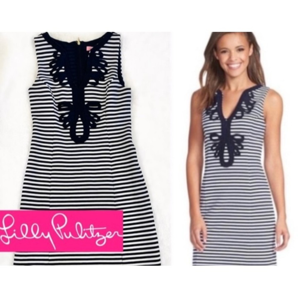 Lilly Pulitzer Janice Shift Dress Med Blue White Stripe Sheath Zip Nautical Prep